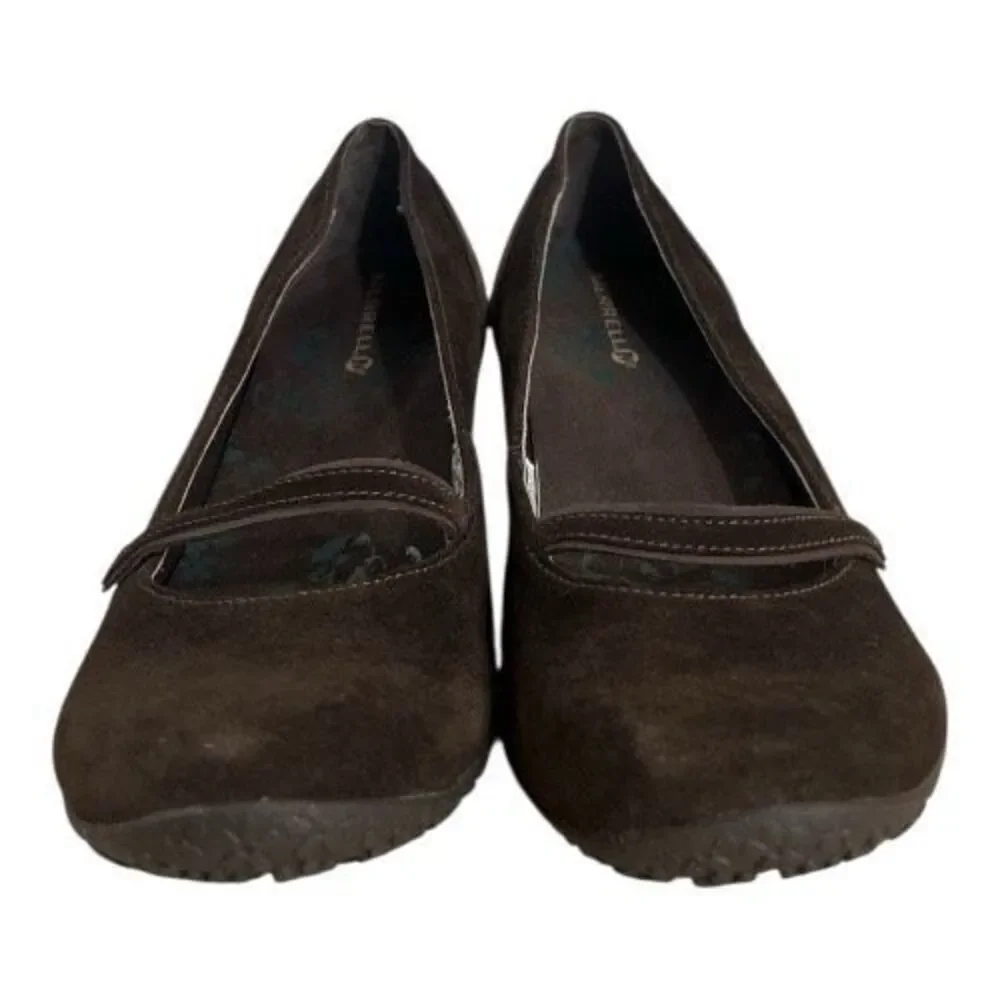 MERRELL PETUNIA Shoes Size 9 Floral Brown Suede Slip On Leather Wedge Heels
